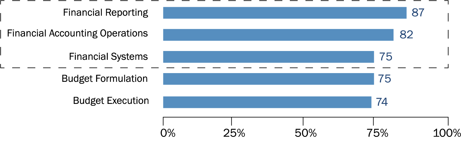 A 2017 “Annual CFO Survey: Navigating Disruption” by the Association of Government Accountants showed that over three-quarters of the CFOs surveyed had direct responsibility for financial reporting  (87%), accounting operations (82%), and financial systems (75%). It also shows that those surveyed showed their responsibilities include budget formulation (75%) and budget execution (74%).